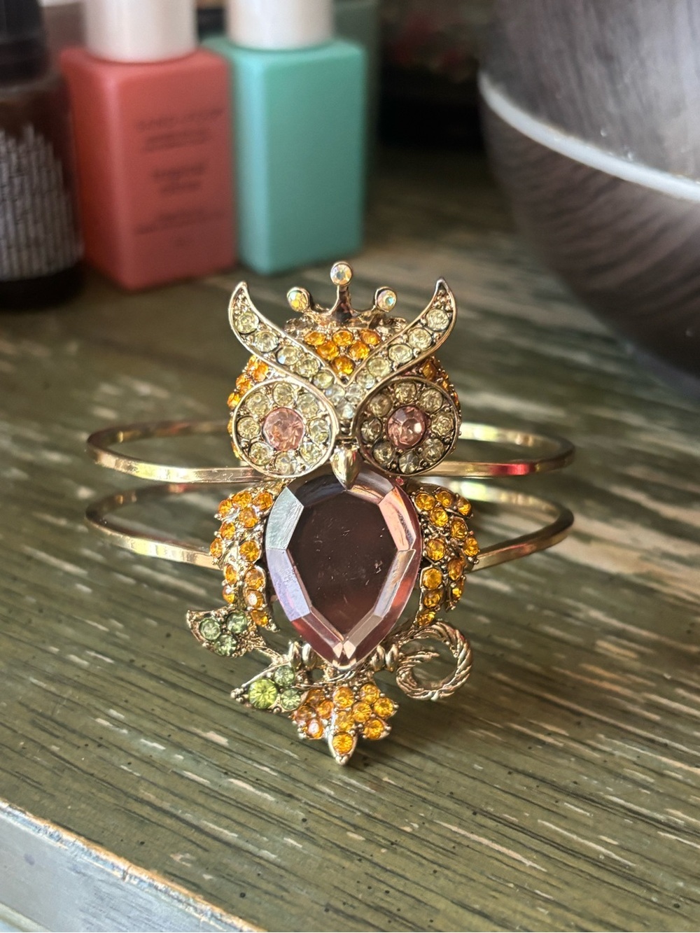 Betsey Johnson Gold Owl Cuff Bracelet with Pink and Yellow Crystals